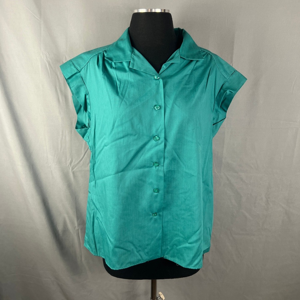Vintage Womens Button Up Shirt XL Teal Back Box Lapel Collar Short Sleeve Casual
